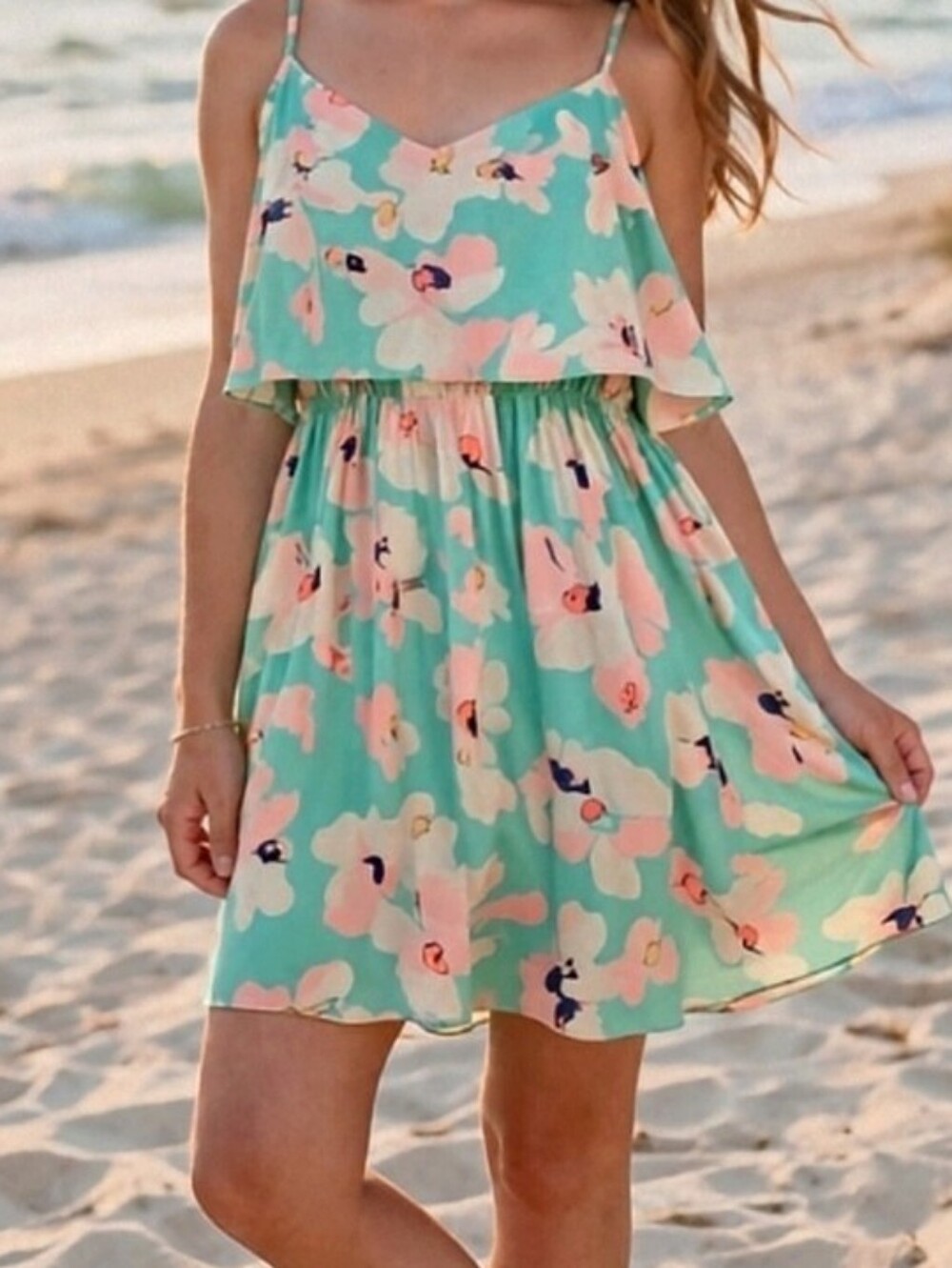 Aqua Floral Tiered Spaghetti Strap Dress Size M